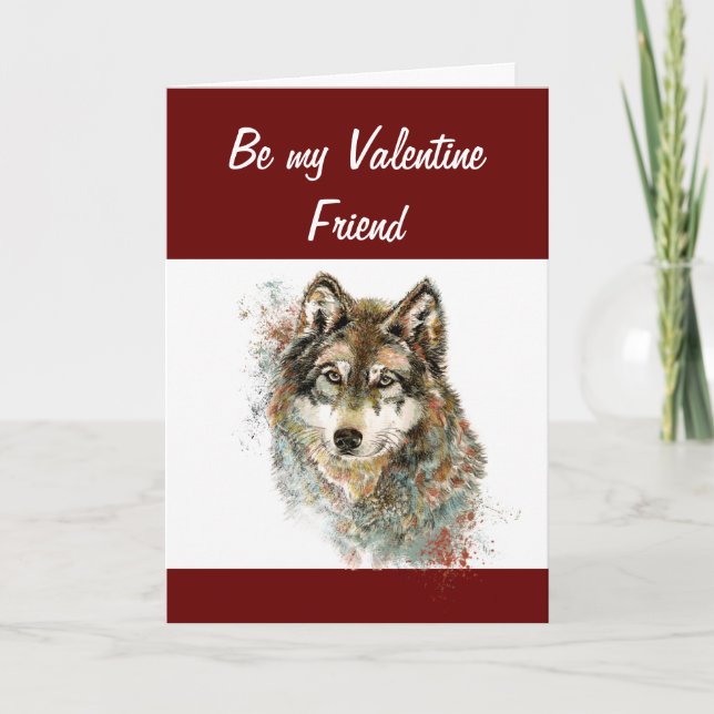 Fun Silly Watercolor Wolf Valentine Friend Humour Holiday Card (Front)