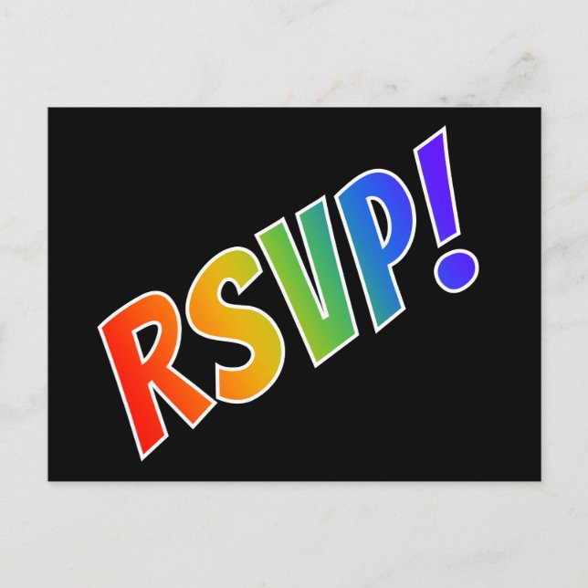 Fun, Simple, Colourful Rainbow Letters "RSVP!" Postcard (Front)