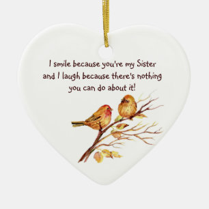 Fun Sister Saying with Cute Birds Ceramic Tree Decoration