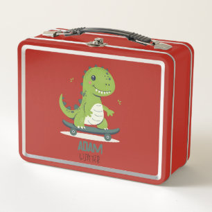Fun Skateboarding Dinosaur With Kids Name Metal Lunch Box
