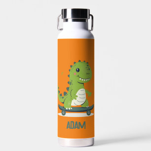 Fun Skateboarding Dinosaur With Kids Name Water Bottle