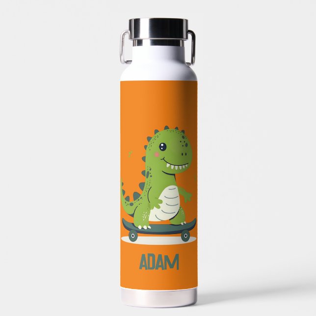 Fun Skateboarding Dinosaur With Kids Name Water Bottle (Front)
