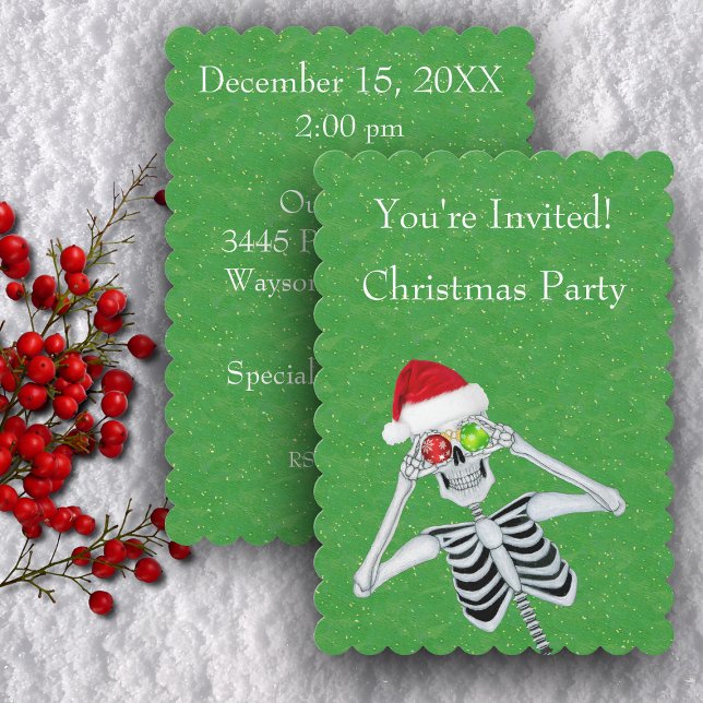 Fun Skeleton Santa Hat Ornament Eyes on Green Gold Invitation (Fun skeleton with ornament eyes Santa hat on green Christmas party invitations.)