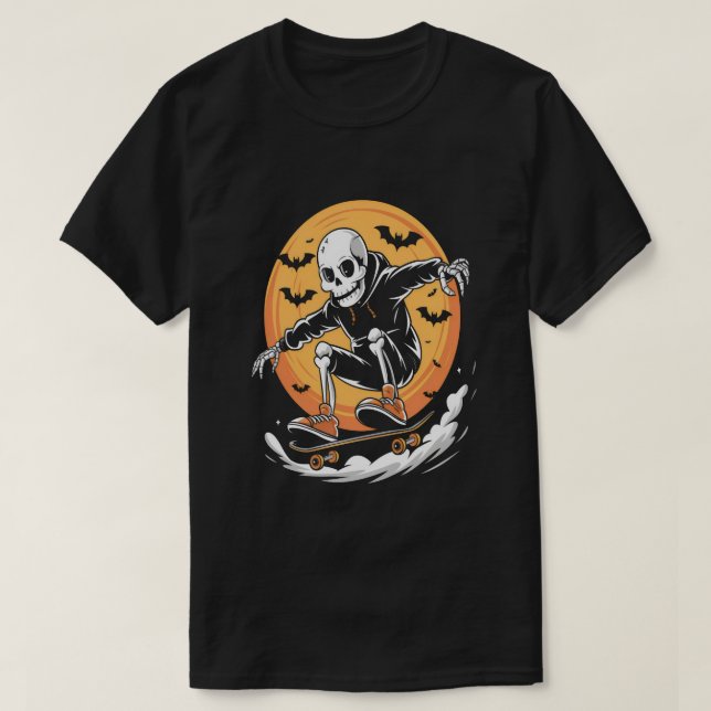 Fun Skeleton Skateboard Under Full Moon Halloween T-Shirt (Design Front)