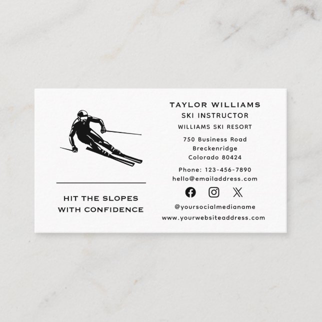 Fun Skier Skiing Coach Ski Instructor Social Media Business Card (Front)