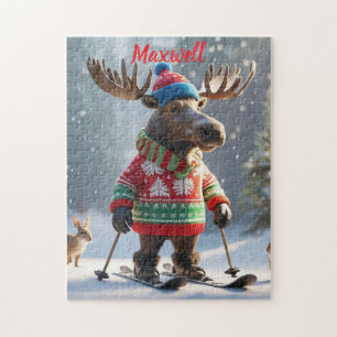 Fun Skiing Moose Christmas Personalised Puzzle 