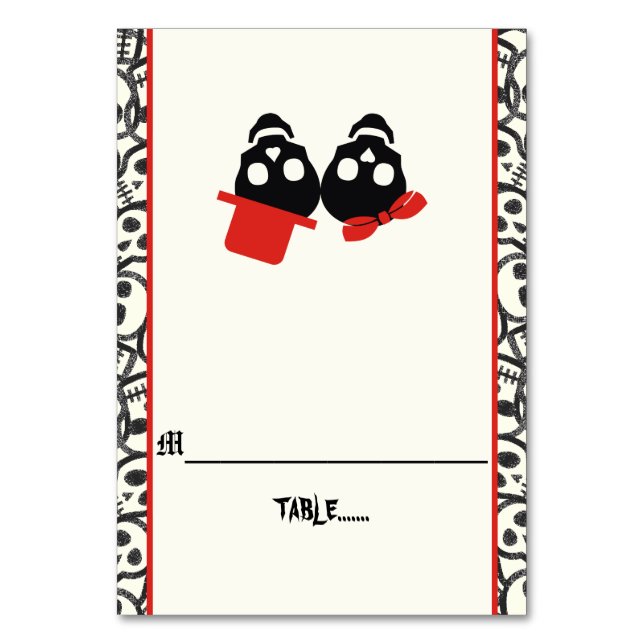 Fun skulls Halloween red wedding escort card (Front)
