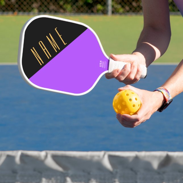 Fun Sleek Black Purple Diagonal Colour Block Text Pickleball Paddle (Insitu)