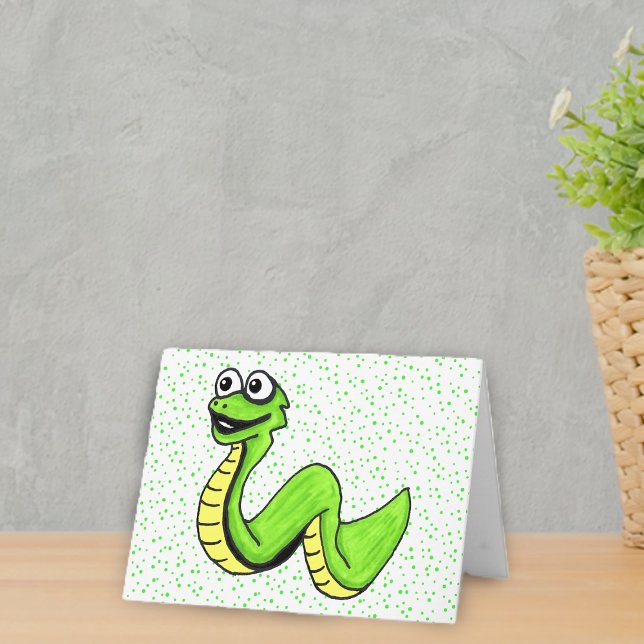 Fun Smiling Green Yellow Snake Big Eyes Dots Card (Cute cartoon bright green smiling snake on white with green dots notecard for kids.)