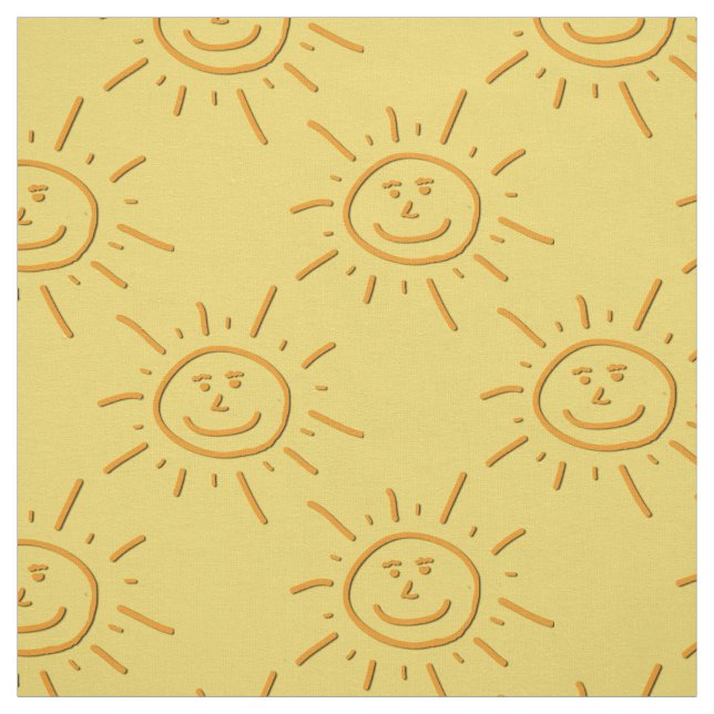 Fun Smiling Hand Drawn Sunshine Over Orange Fabric (Swatch)