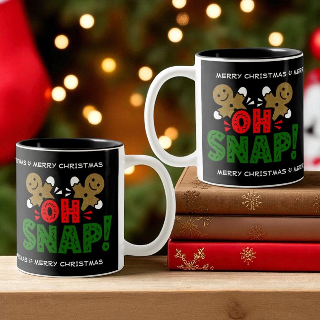 Fun Snapped Gingerbread Man Christmas Mug (Two tone ceramic Christmas mug with design on both sides of the handle and template text.)