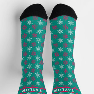 Fun Snowflakes Pattern Custom Name Red White Green Socks