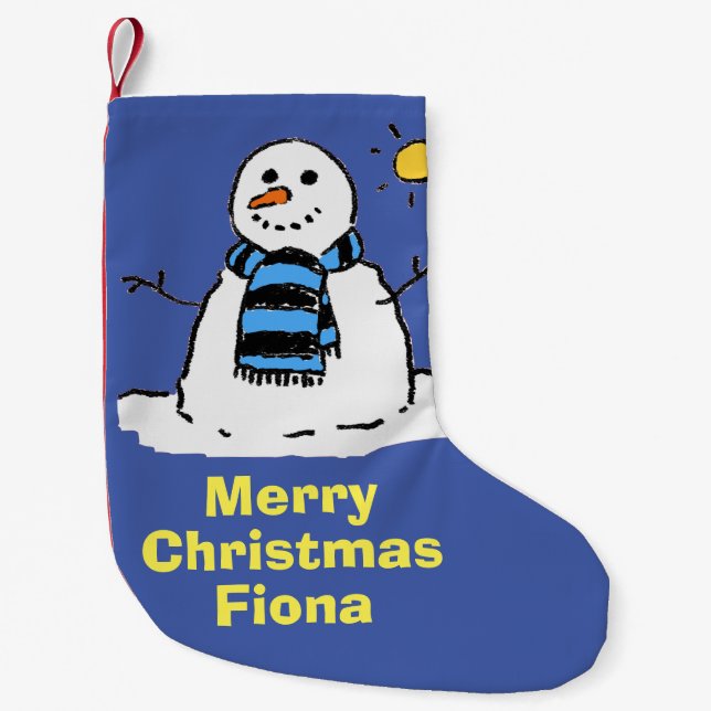Fun Snowman in a Winter Scene. Small Christmas Stocking (Front)