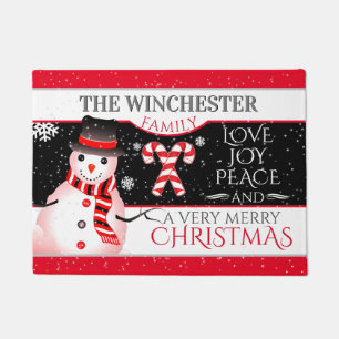 FUN Snowman in Black Hat and Scarf   BLK Christmas Doormat