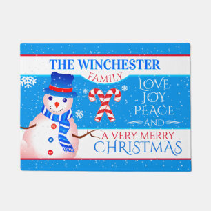 FUN Snowman in Blue Hat and Scarf BLUE Christmas Doormat