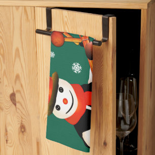 FUN Snowman in Hat and Scarf GREEN Christmas Tea Towel
