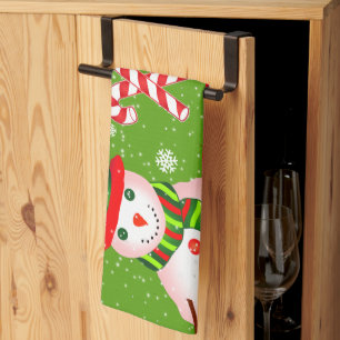 FUN Snowman in Red Hat and Scarf   GREEN Christmas Tea Towel