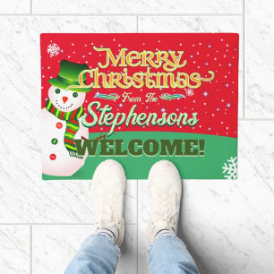 Fun Snowman with Family Name on RED Welcome Doormat