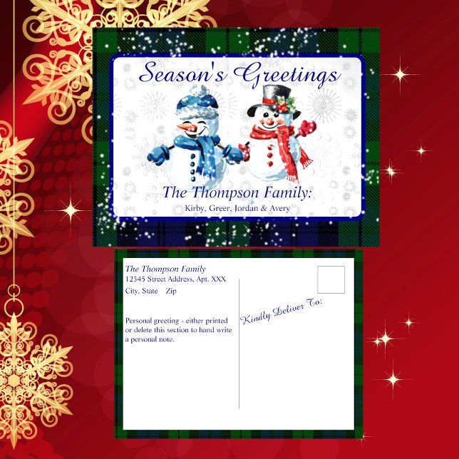 Fun Snowmen Season's Greetings Black Watch Tartan Holiday Postcard (Creator Uploaded)