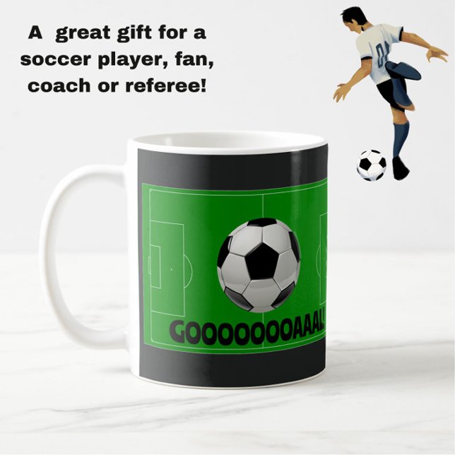 Fun Soccer Ball and Pitch GOAL! (Football) Sports Coffee Mug (A fun black, white and green soccer ball mug celebrating goals!)