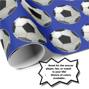 Fun Soccer Ball Pattern on Blue Wrapping Paper