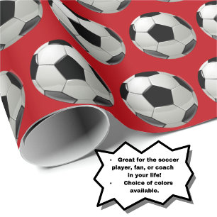 Fun Soccer Ball Pattern on Red Wrapping Paper