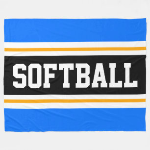 Fun SOFTBALL Bright Blue Black Athletic Stripes Fleece Blanket