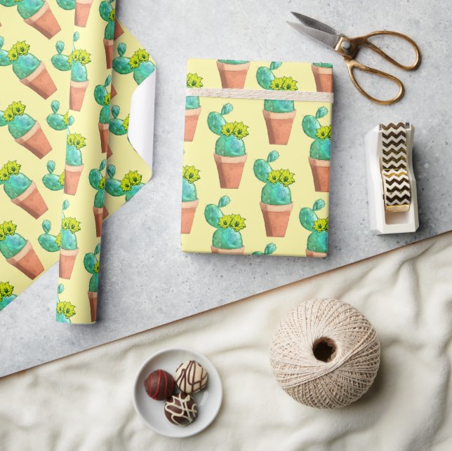 Fun Southwestern Yellow Flowering Potted Cactus Wrapping Paper (Crafts)