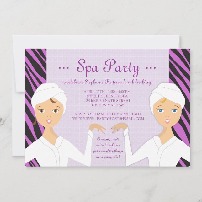 Fun Spa Girl Birthday Spa Party Invitation | Zebra (Front)