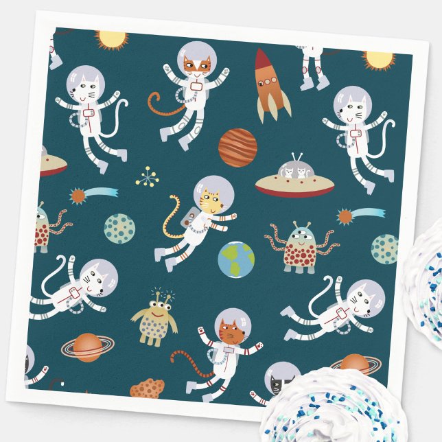 Fun Space Cats Birthday Party Napkin (Space themed kitty cat astronaut pattern party paper napkin)