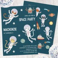 Fun Space Cats Kids Birthday Party Invitation