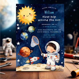 Fun Space First Trip Around The Sun 1st Birthday Invitation