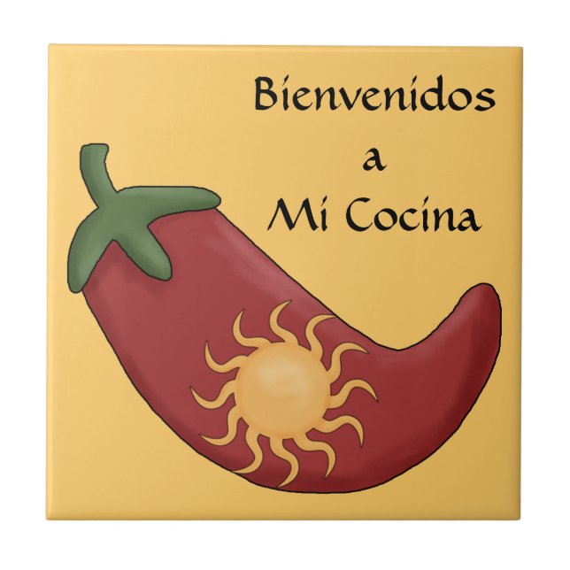 Fun Spanish Hot Red Chile Pepper Kitchen Welcome Tile (Front)