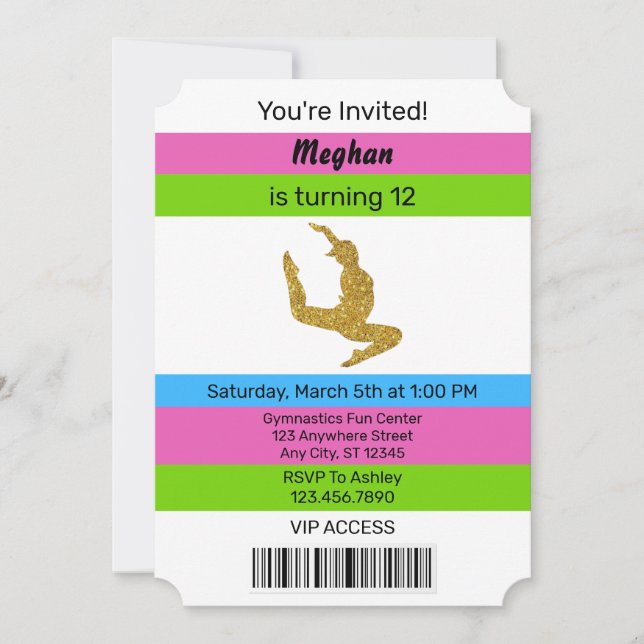 Fun Sparkle Gymnastics Birthday Ticket Invitation (Front)