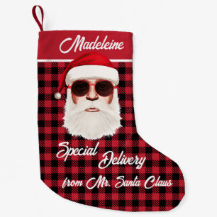Fun Special Delivery Santa Red Black Buffalo Plaid Small Christmas Stocking