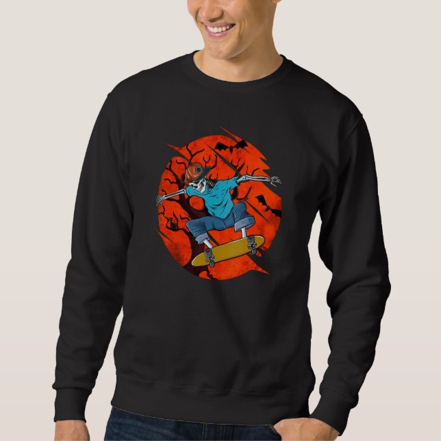 Fun Spooky SK8R Skeleton Bats And Black Cat Design Sweatshirt (Front)