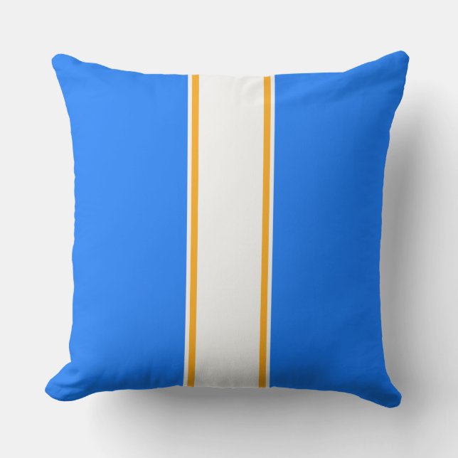 Fun Sporty Bright Blue White Orange Racing Stripes Cushion (Front)