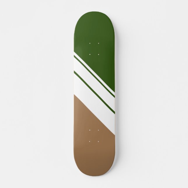 Fun Sporty Dark Green Brown White Racing Stripes Skateboard (Front)