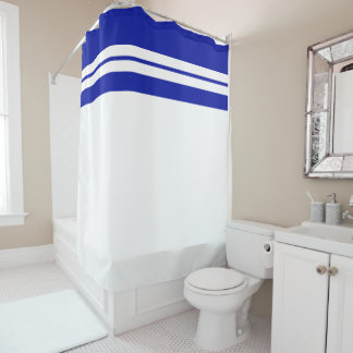 Fun Sporty Deep Blue Top Racing Stripes On White Shower Curtain