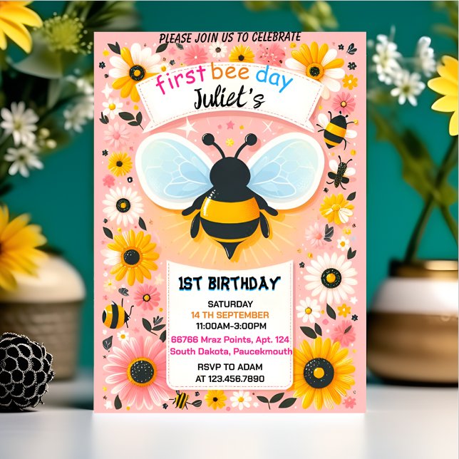 fun spring daisy Yellow first 1st bee day birthday Invitation (Creator Uploaded)