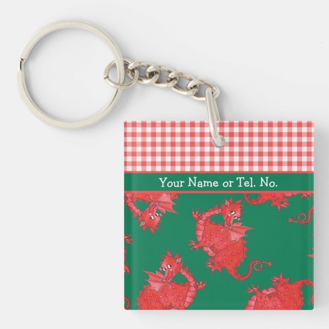 Fun Square Keyring to Personalise: Cute Red Dragon (Front)