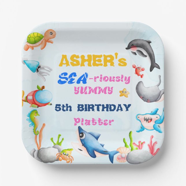 Fun Square Under-the-Sea Ocean Protector Birthday Paper Plate (Front)