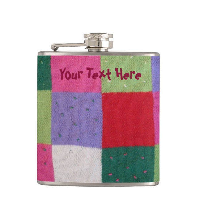 fun squares of colourful knitted patchwork hip flask (Front)