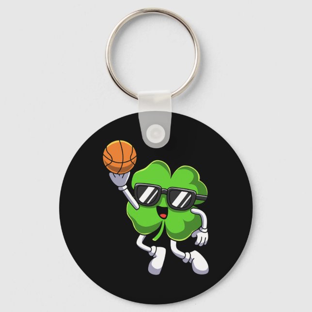 Fun St Patricks Day Shamrock Playing Basketball Bo Key Ring (Front)