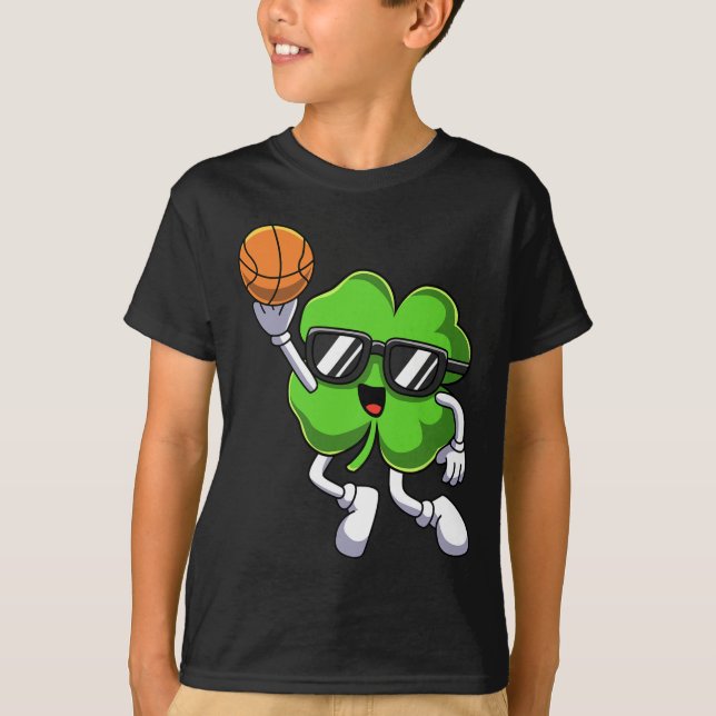Fun St Patricks Day Shamrock Playing Basketball Bo T-Shirt (Front)