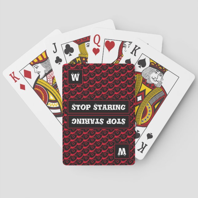 Fun STOP STARING Customisable Monogram RED BLACK Playing Cards (Back)