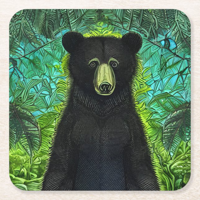 Fun Storybook Little Black Bear Square Paper Coaster (Front)