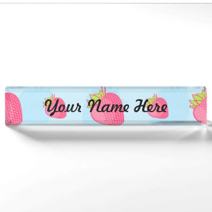 Fun Strawberry Pattern on Blue Nameplate