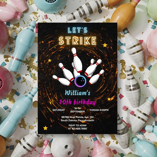 Fun Strike cool blue sports Bowling 10th Birthday Invitation (Creator Uploaded)