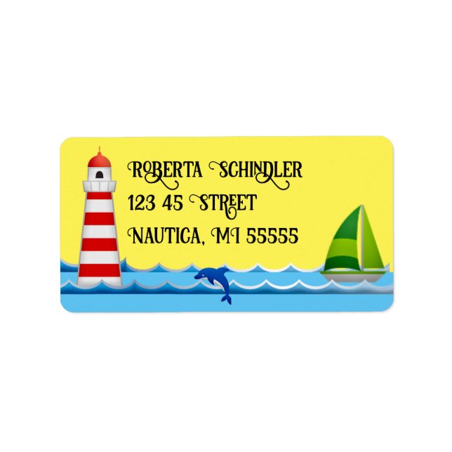 Fun Striped Lighthouse, Dolphin and Sailboat Label (Front)